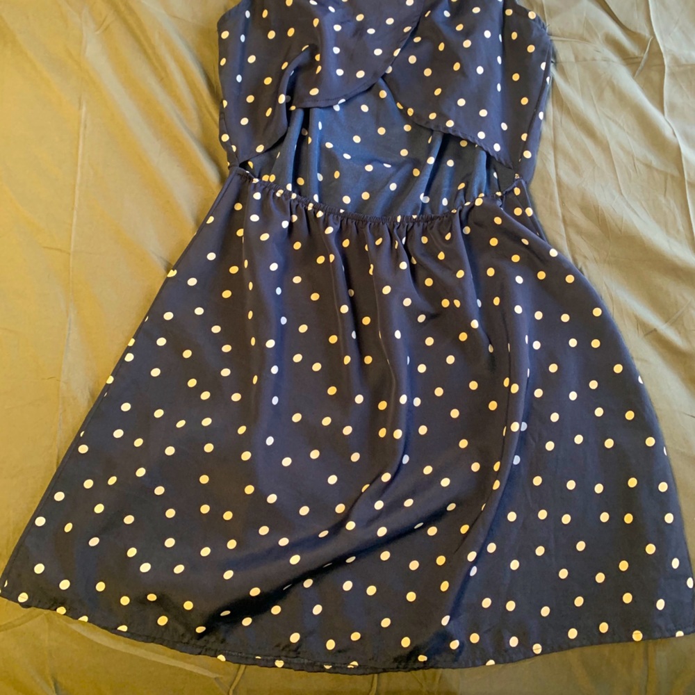 Blue and white polka dot open back dress